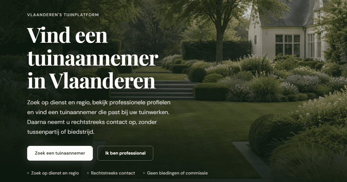Mijn Tuinaannemer hero with a landscaped garden, the heading “Find a garden contractor in Flanders” and two action buttons.