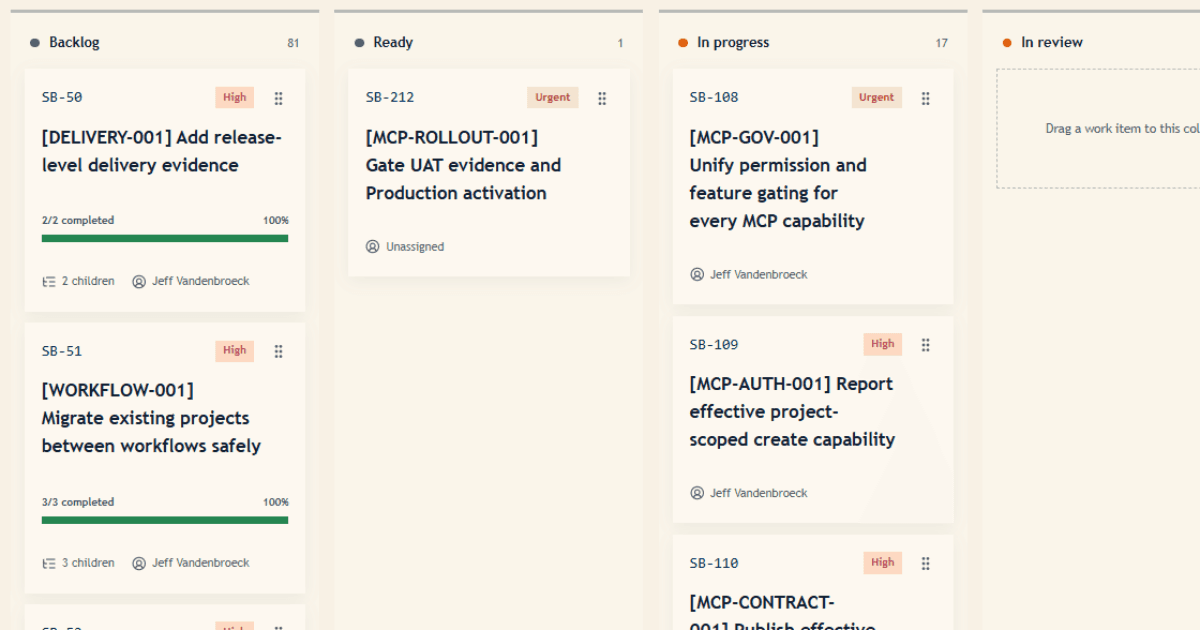 Azure DevOps-projectbord met Backlog, Ready, In progress en In review, met werkitems voor delivery, workflows en MCP-governance.